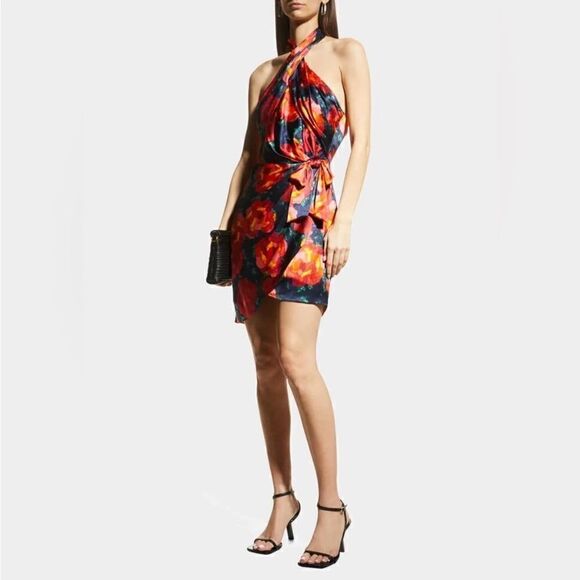 Cinq à Sept Trini Satin Floral Halter Neck Mini Wrap Dress, Size 10 NWT & 495.00 - Picture 3 of 14